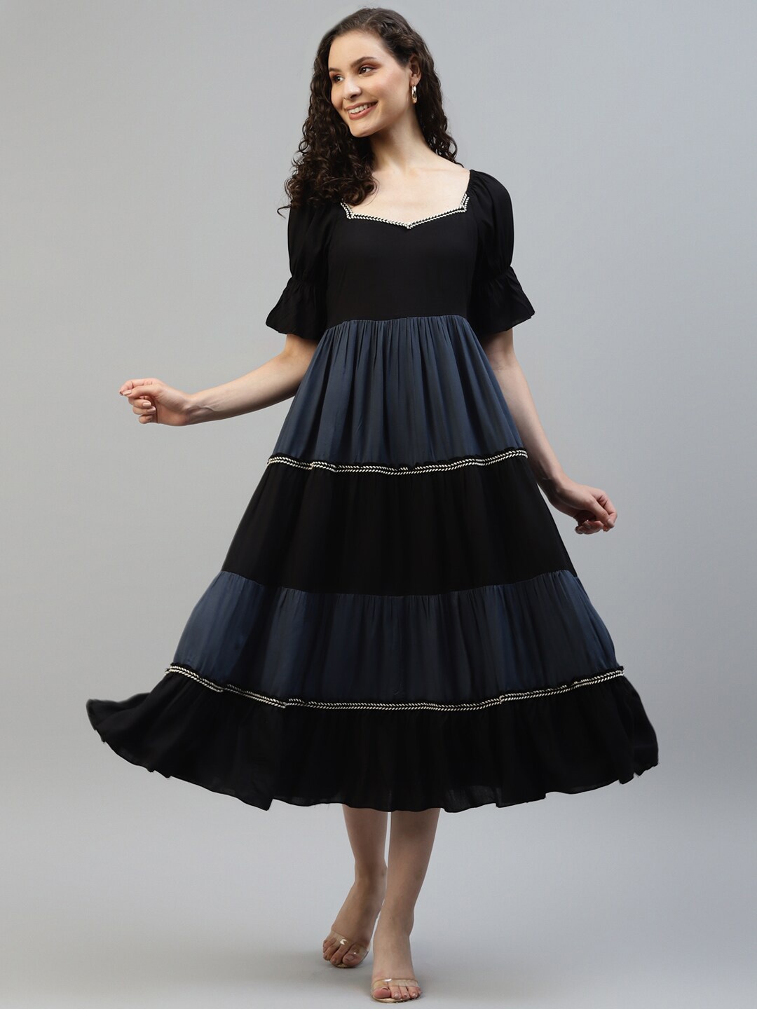 

DEEBACO Colourblocked Tiered Fit & Flare Midi Dress, Black