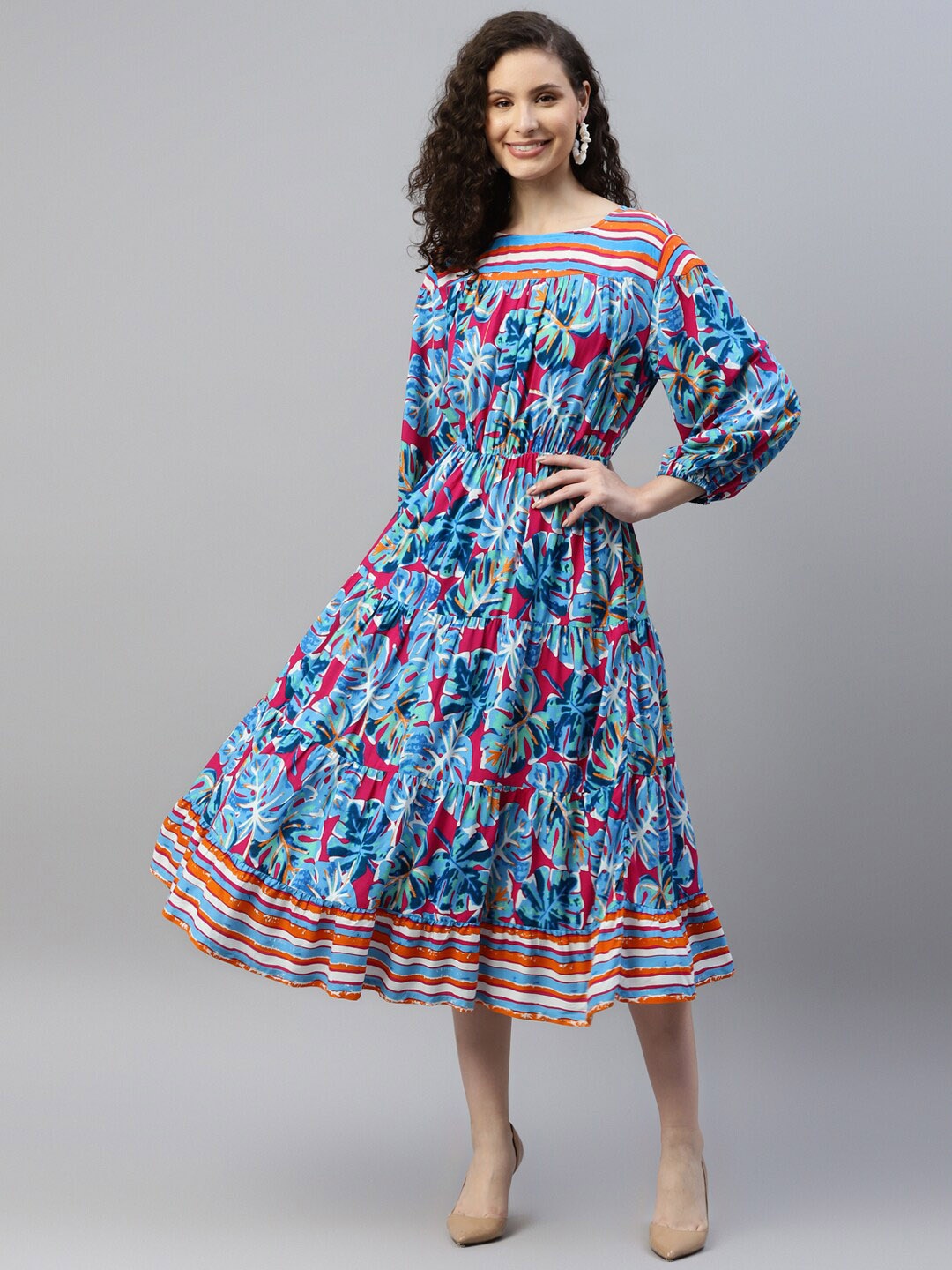 

DEEBACO Floral Printed Tiered Fit & Flare Midi Dress, Blue