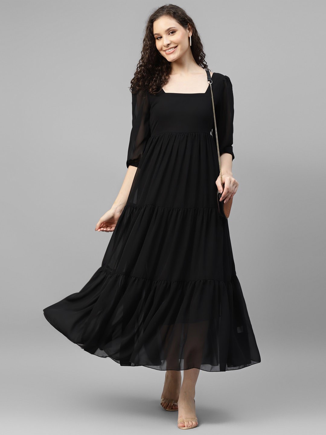 

DEEBACO Puff Sleeve Georgette Maxi Dress, Black