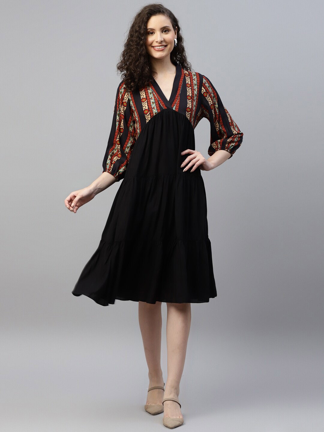 

DEEBACO Ethnic Motifs Printed Puff Sleeve Empire Dress, Black