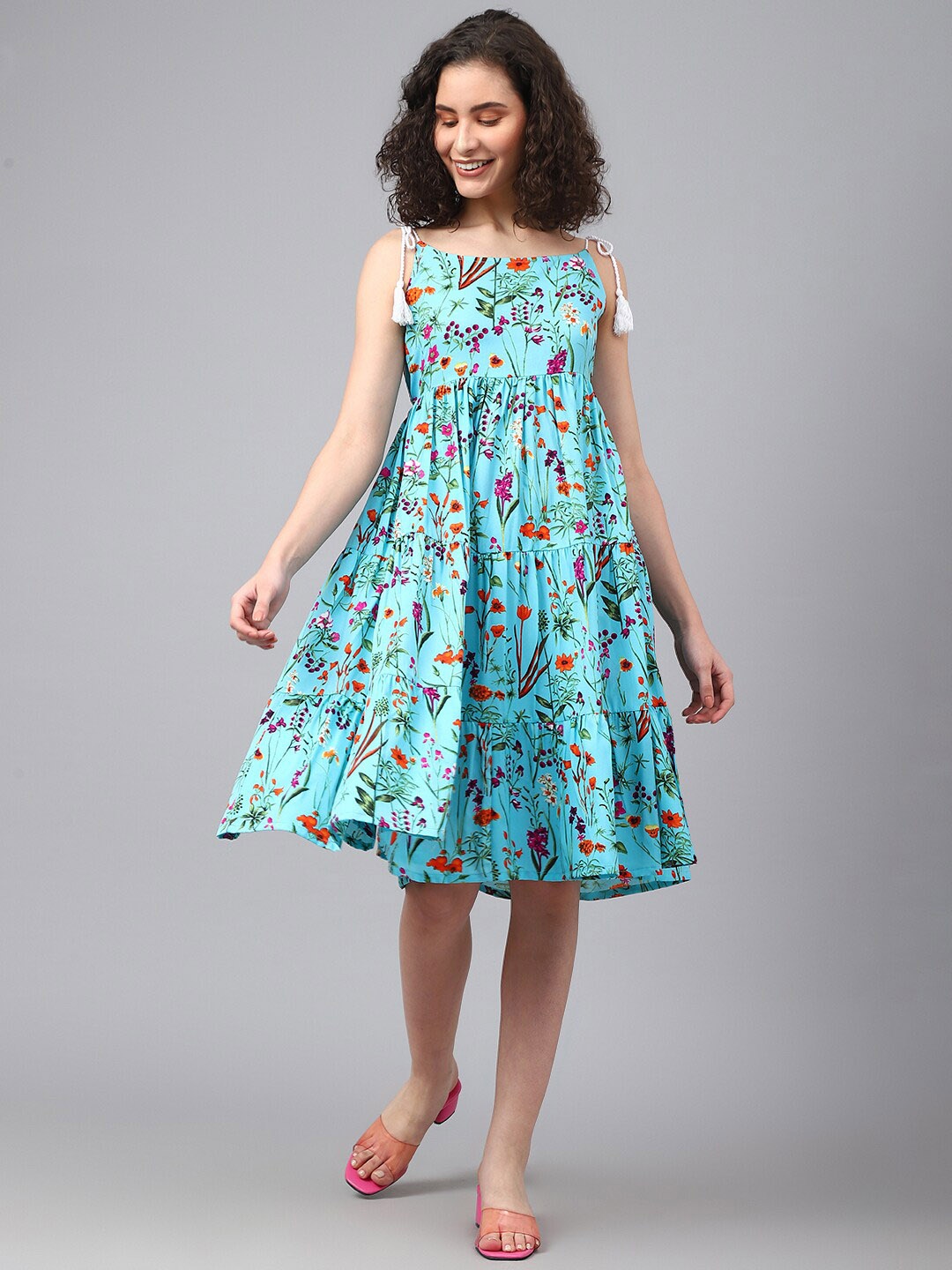 

DEEBACO Floral Printed Shoulder Straps A-Line Dress, Blue