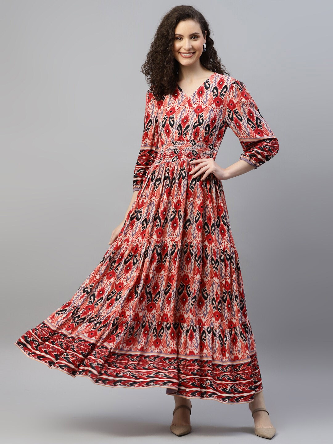 

DEEBACO Floral Printed Puff Sleeves Maxi Dress, Cream