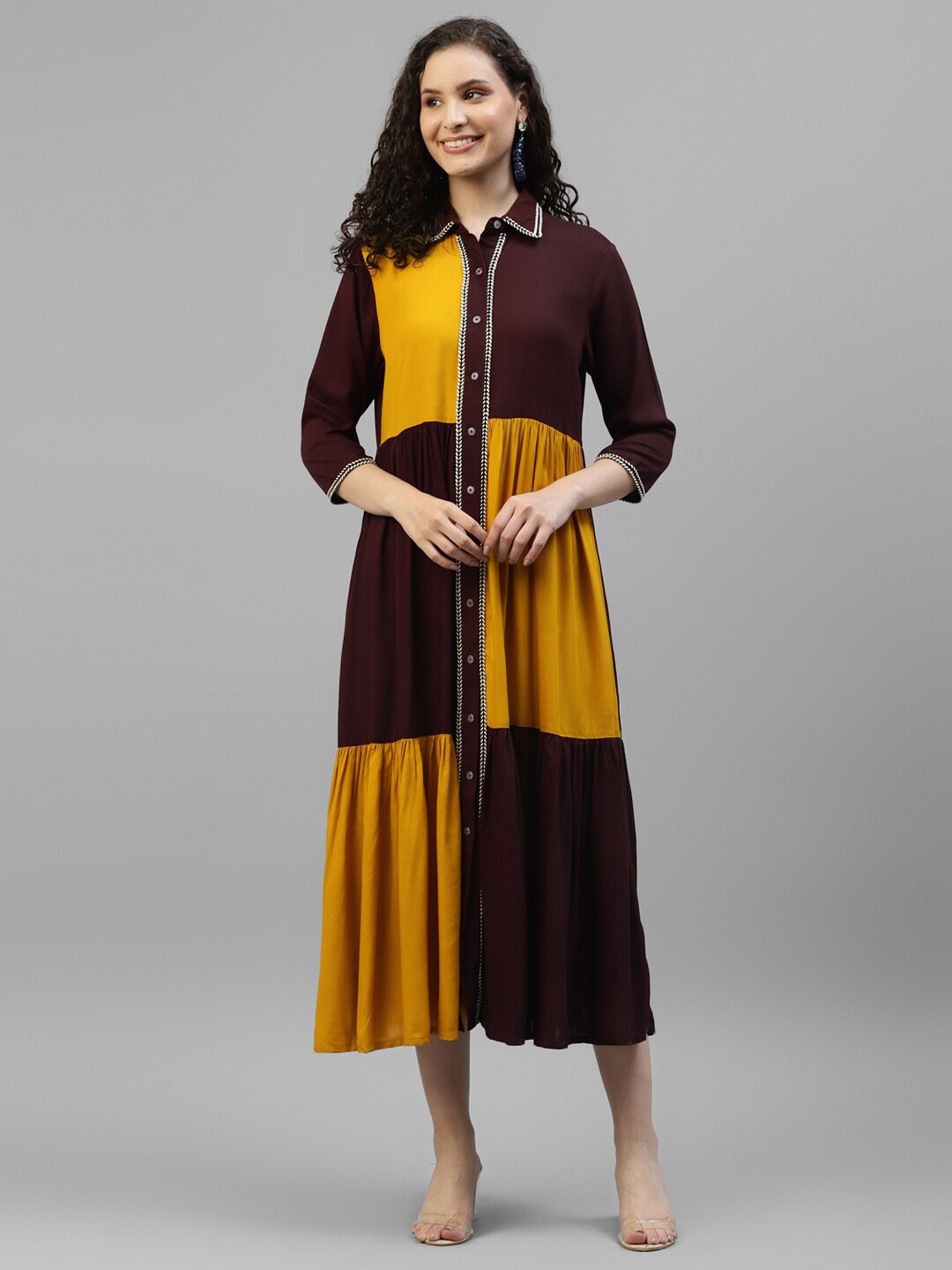 

DEEBACO Colourblocked Shirt Style Midi Dress, Mustard