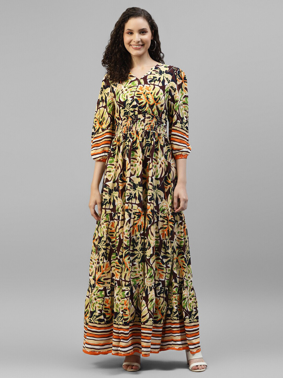 

DEEBACO Tropical Printed Puff Sleeve Fit & Flare Maxi Dress, Brown