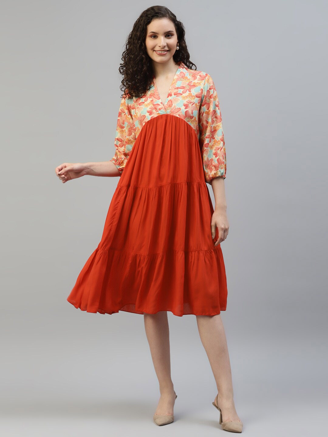 

DEEBACO Floral Printed Tiered Midi Empire Dress, Red