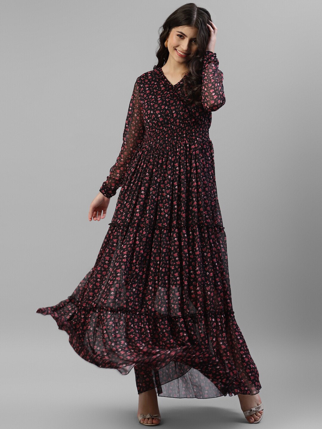 

DEEBACO Floral Printed Tiered Fit & Flare Maxi Dress, Black
