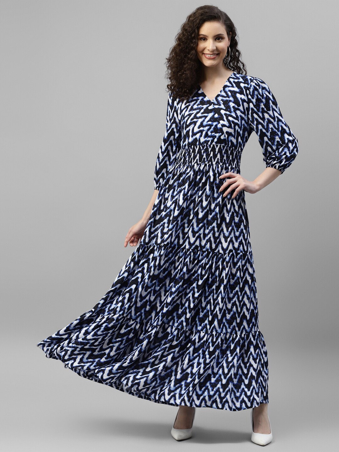

DEEBACO Chevron Printed V-Neck Puff Sleeve Fit & Flare Maxi Dress, Navy blue
