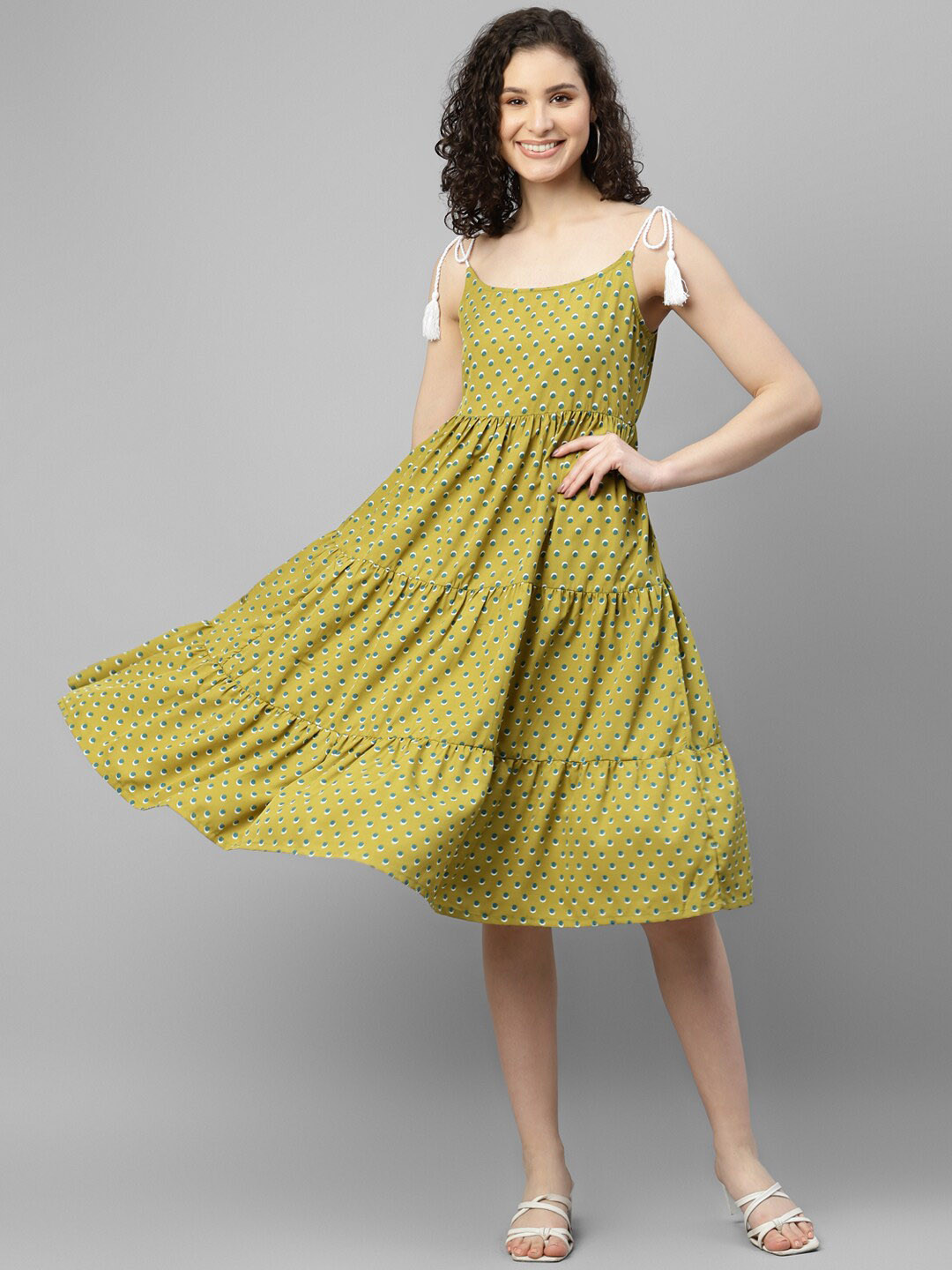 

DEEBACO Polka Dot Printed Fit & Flare Tiered Midi Dress, Green