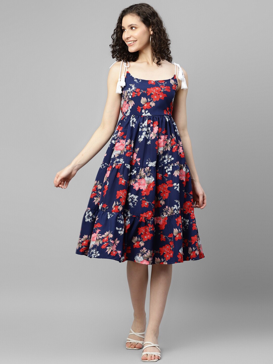 

DEEBACO Floral Printed Shoulder Straps Fit & Flare Tiered Dress, Navy blue