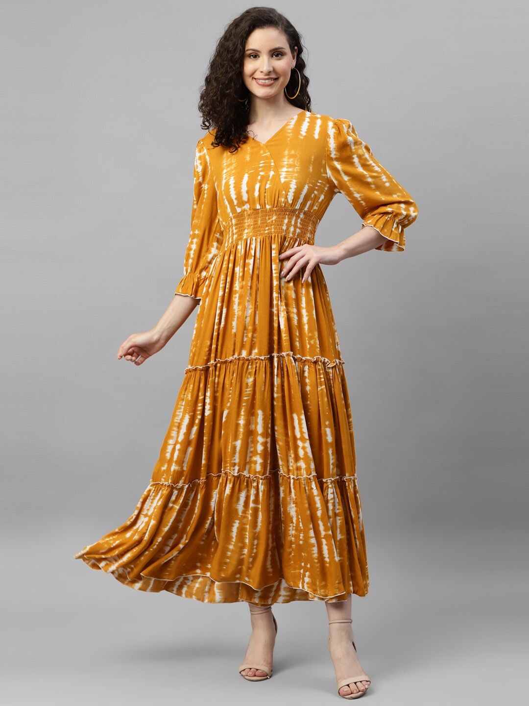 

DEEBACO Tie and Dye Puff Sleeve Fit & Flare Maxi Dress, Mustard