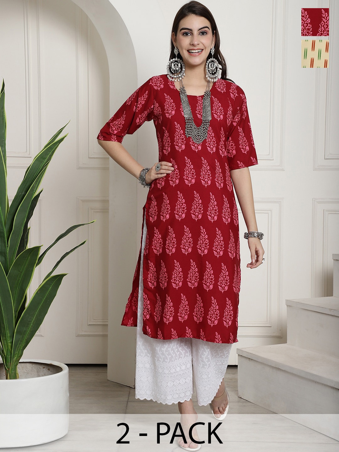 

7Threads Selection Of 2 Ethnic Motifs Printed Regular Kurta, Red