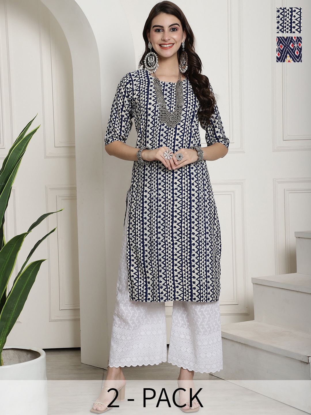 

7Threads Selection Of 2 Ethnic Motifs Printed Straight Kurtas, White