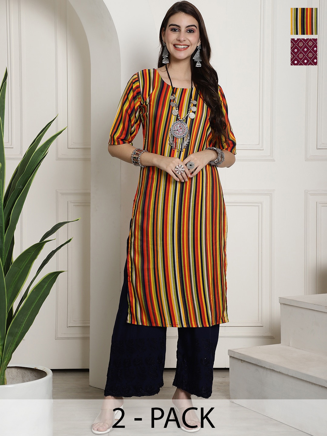 

7Threads Selection Of 2 Ethnic Motifs Printed Crepe Straight Kurta, Brown