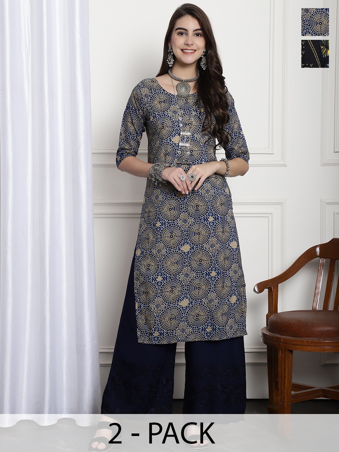 

7Threads Selection Of 2 Ethnic Motifs Printed Crepe Kurta, Blue