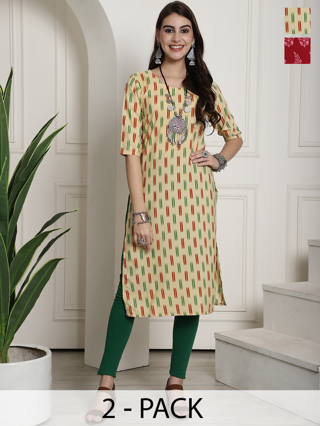 

7Threads Selection Of 2 Ethnic Motifs Printed Straight Kurta, Yellow