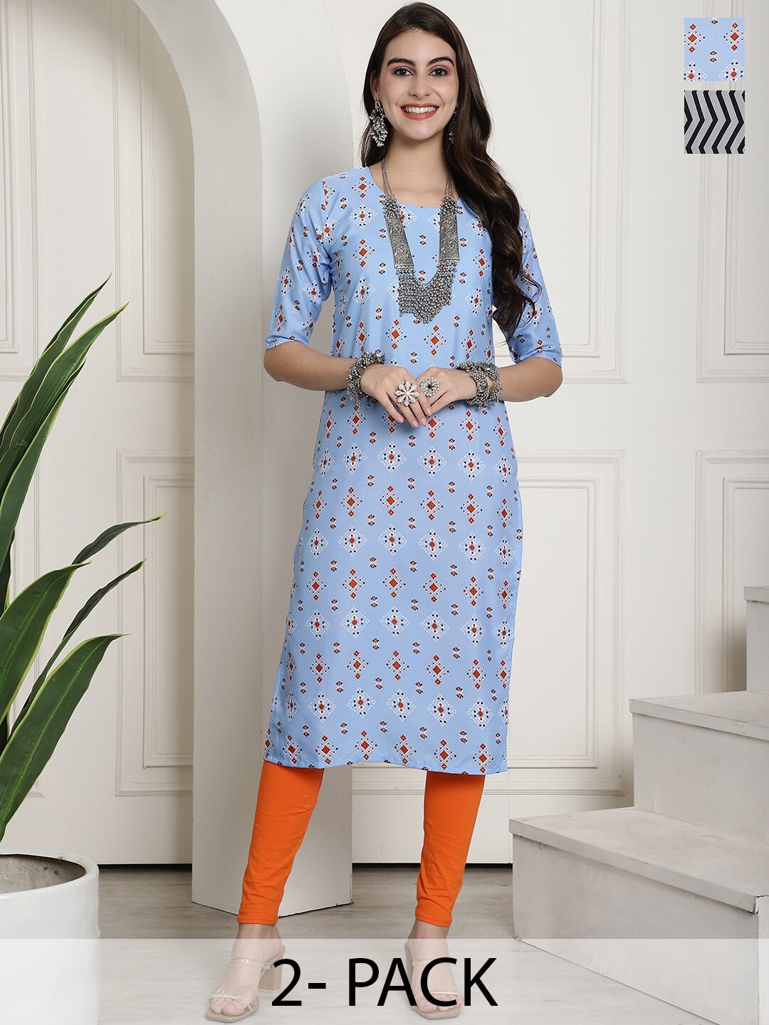 

7Threads Selection Of 2 Geometric Printed Straight Kurta, Blue