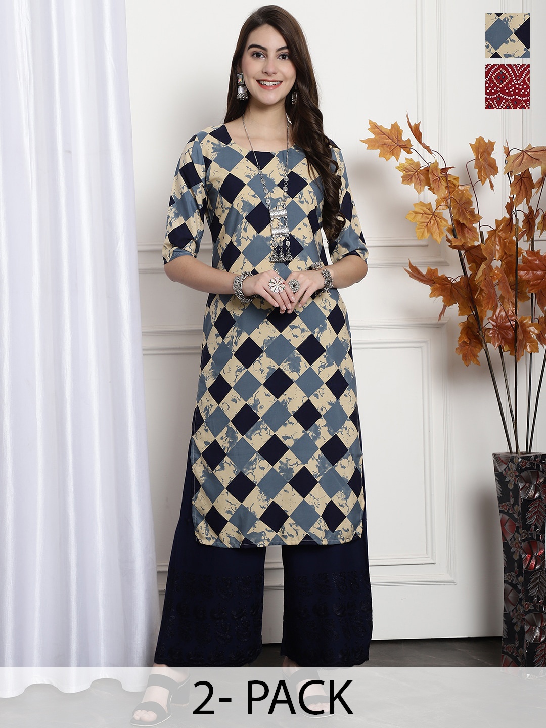 

7Threads Selection Of 2 Printed Straight Crepe Kurtas, Beige