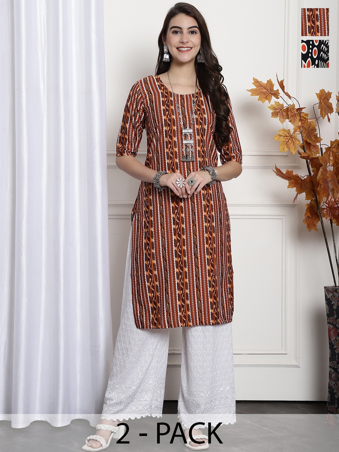 

7Threads Selection Of 2 Ethnic Motifs Printed Crepe Kurta, Rust