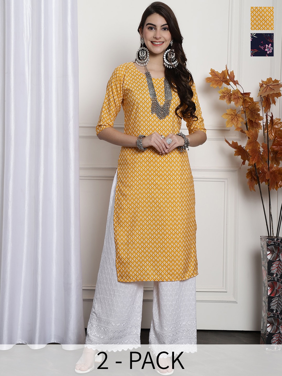 

7Threads Selection Of 2 Ethnic Motifs Printed Straight Kurta, Yellow