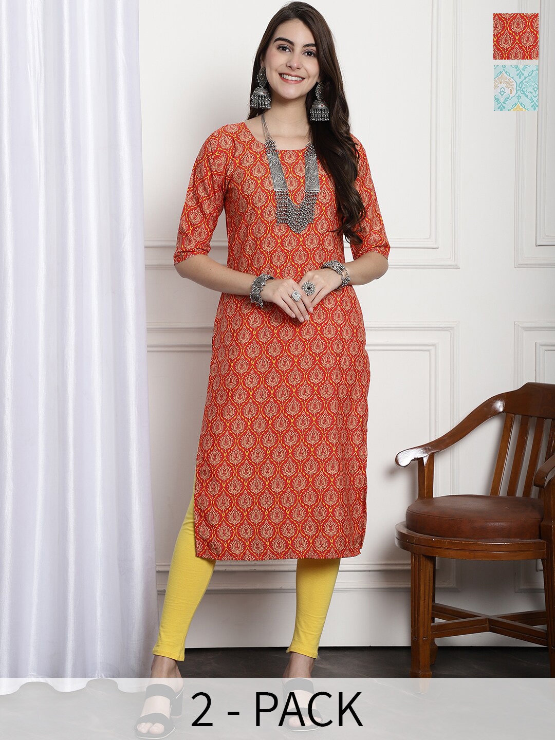 

7Threads Selection Of 2 Ethnic Motifs Printed Straight Kurta, Red