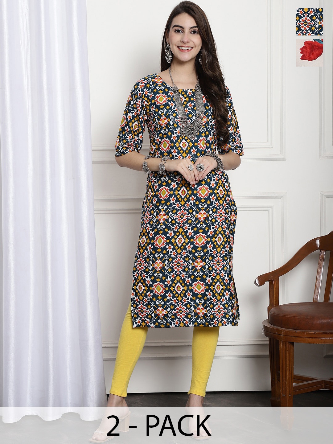 

7Threads Selection Of 2 Printed Round Neck Crepe Straight Kurta, Green