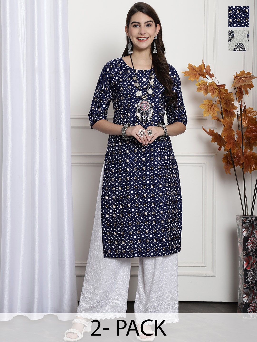 

7Threads Selection Of 2 Ethnic Motifs Printed Crepe Kurta, Blue