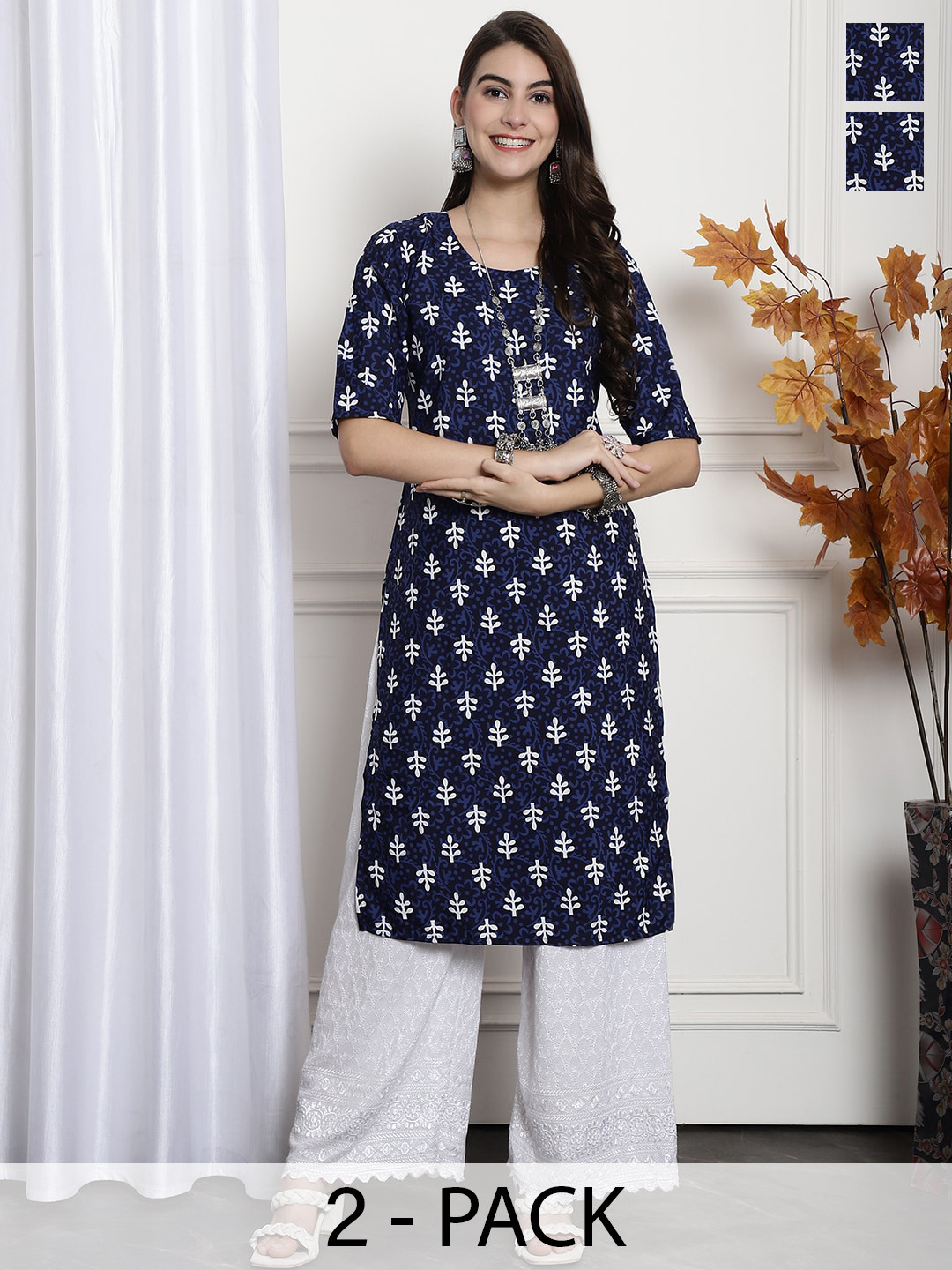 

7Threads Selection Of 2 Ethnic Motifs Printed Summer Sheers Crepe Kurta, Navy blue