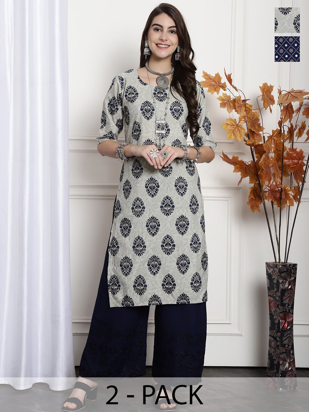 

7Threads Selection Of 2 Printed Round Neck Straight Kurtas, Grey