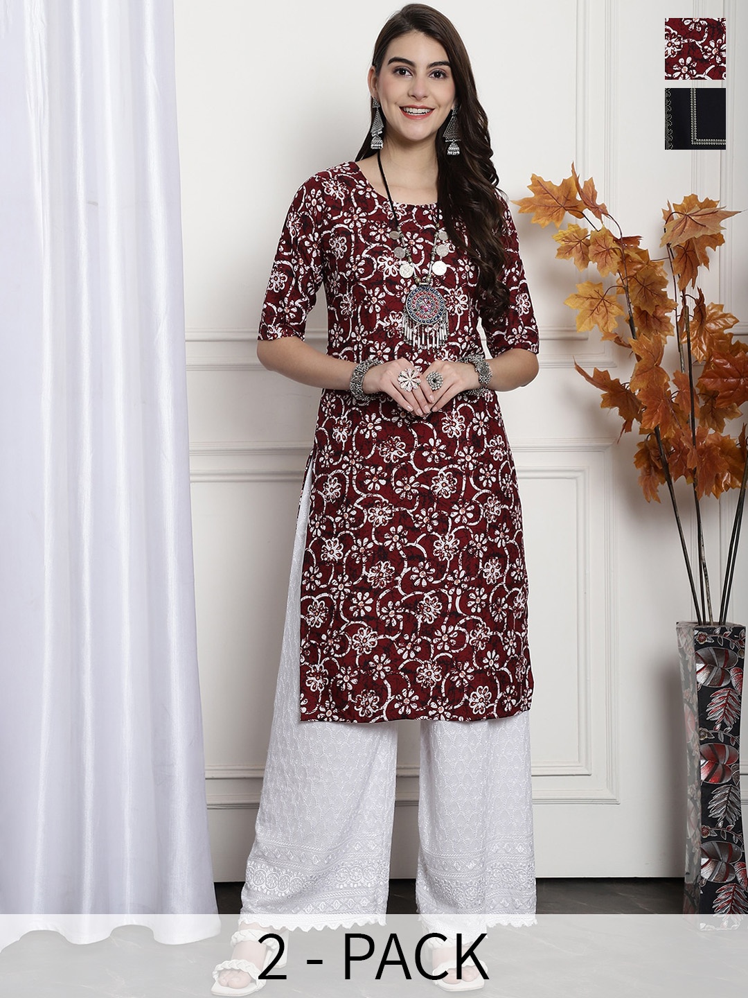 

7Threads Selection Of 2 Floral Printed Straight Kurta, Maroon