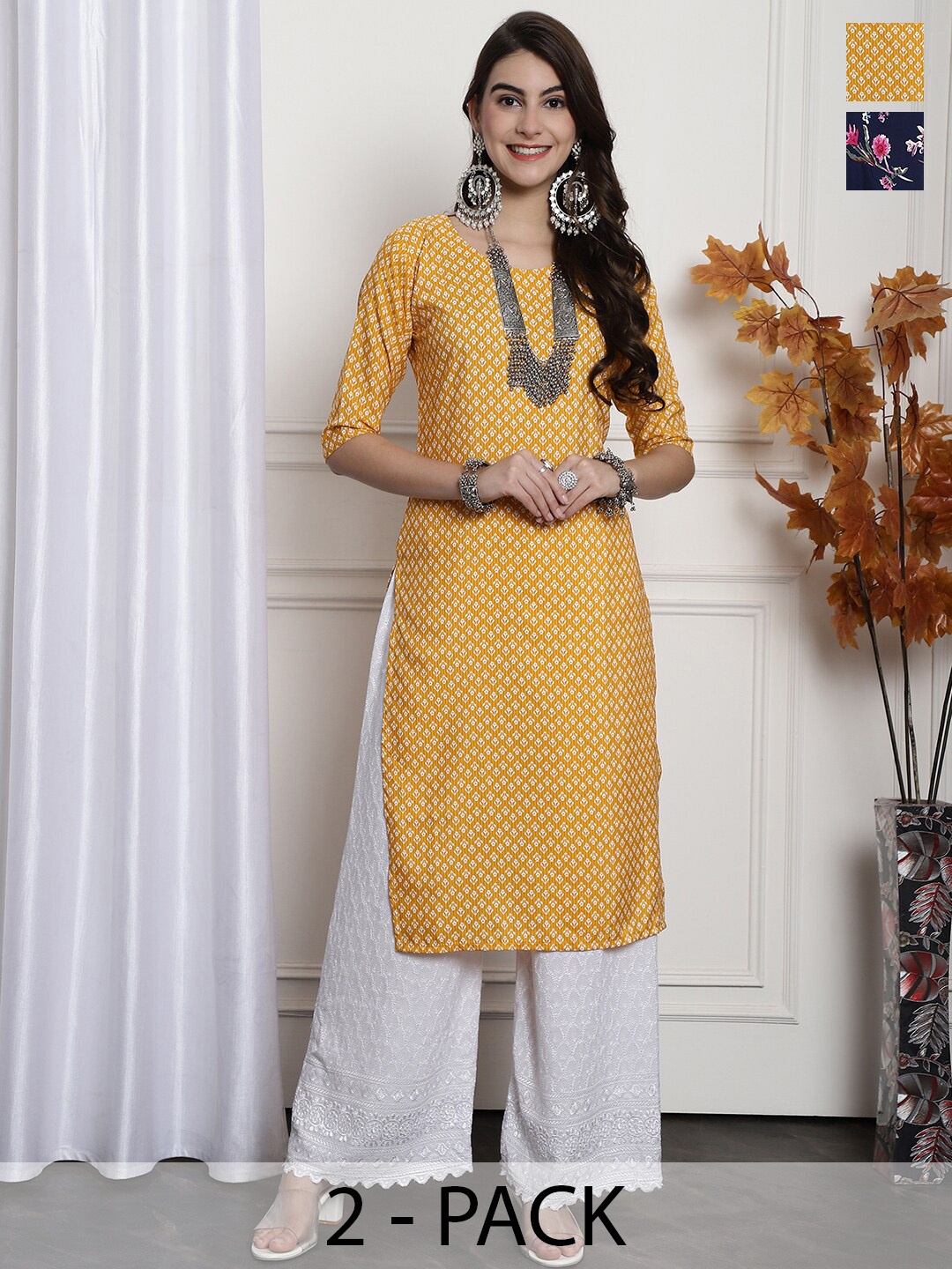

7Threads Selection Of 2 Printed Round Neck Straight Kurtas, Yellow