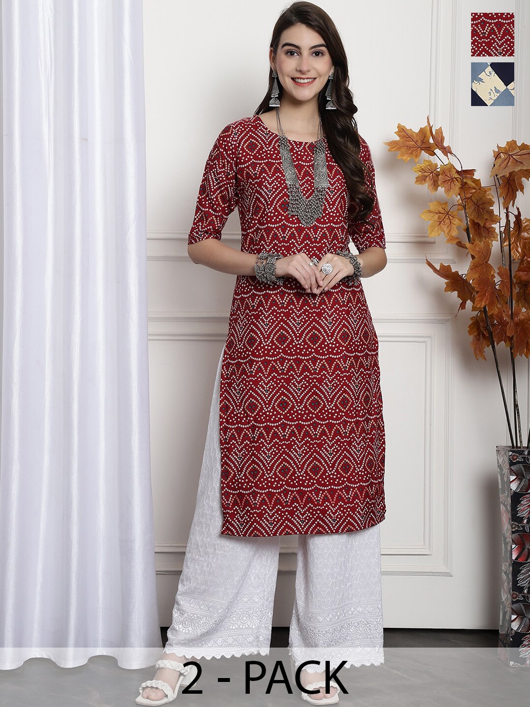 

7Threads Selection Of 2 Printed Straight Crepe Kurtas, Maroon
