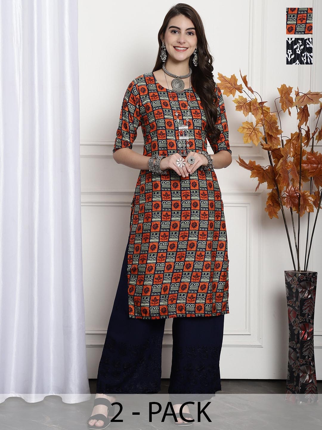 

7Threads Selection Of 2 Ethnic Motifs Printed Round Neck Crepe Straight Kurta, Maroon