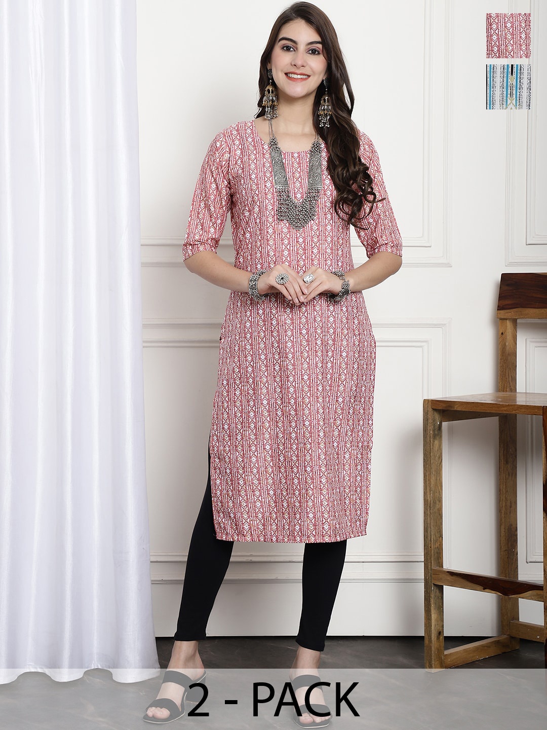 

7Threads Selection Of 2 Ethnic Motifs Printed Kurta, Pink