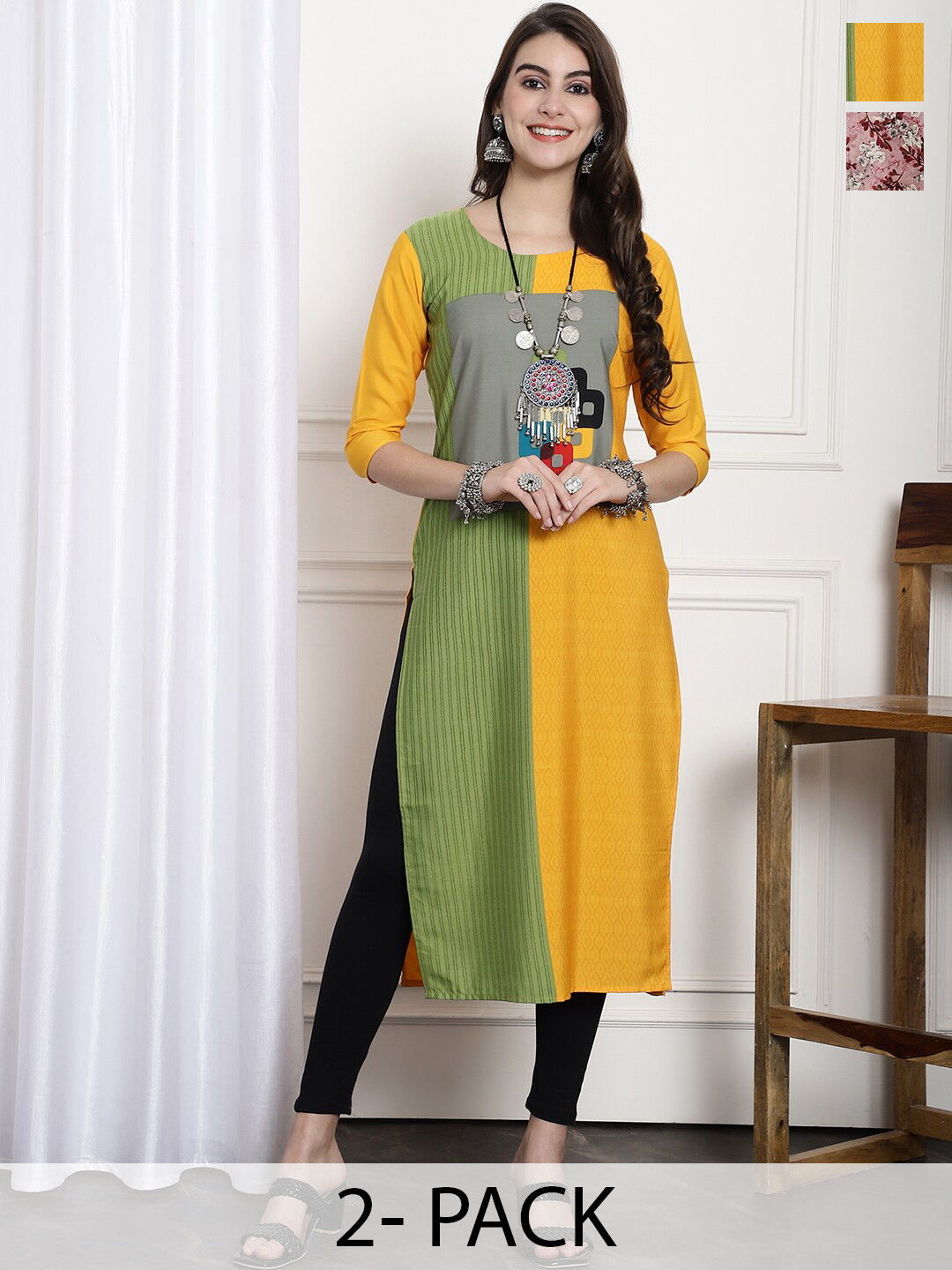

7Threads Selection Of 2 Ethnic Motifs Printed Kurta, Yellow