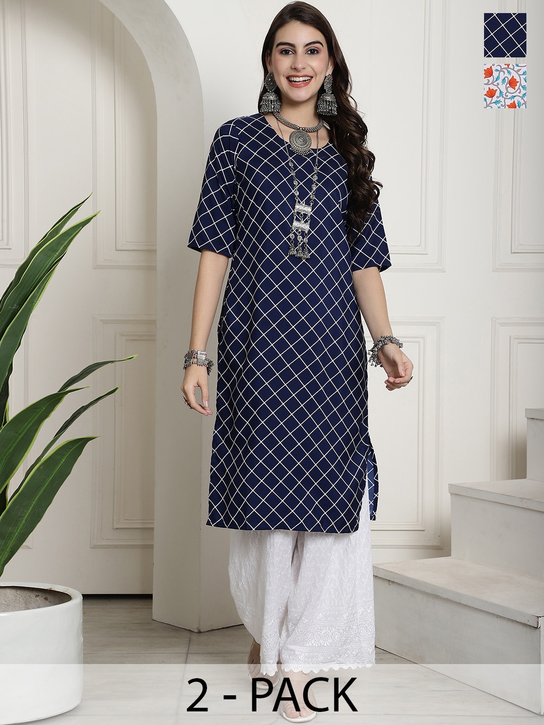 

7Threads Selection Of 2 Printed Round Neck Crepe Kurtas, Navy blue