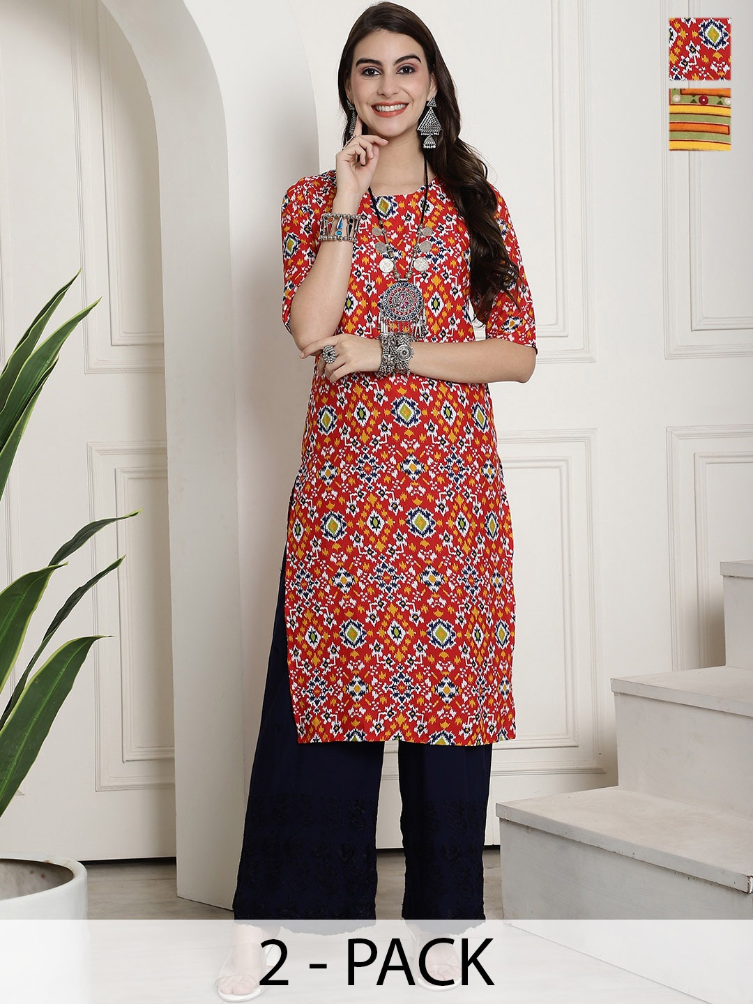 

7Threads Selection Of 2 Ethnic Motifs Printed Crepe Straight Kurta, Red