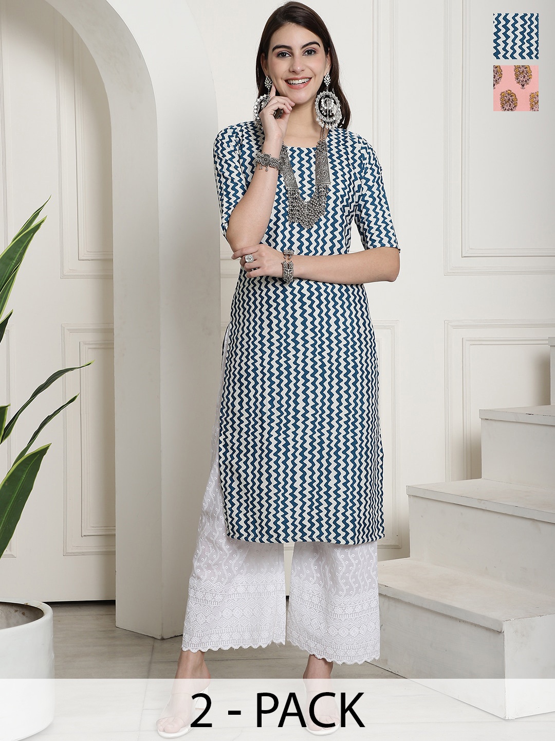 

7Threads Selection Of 2 Printed Straight Kurtas, Blue