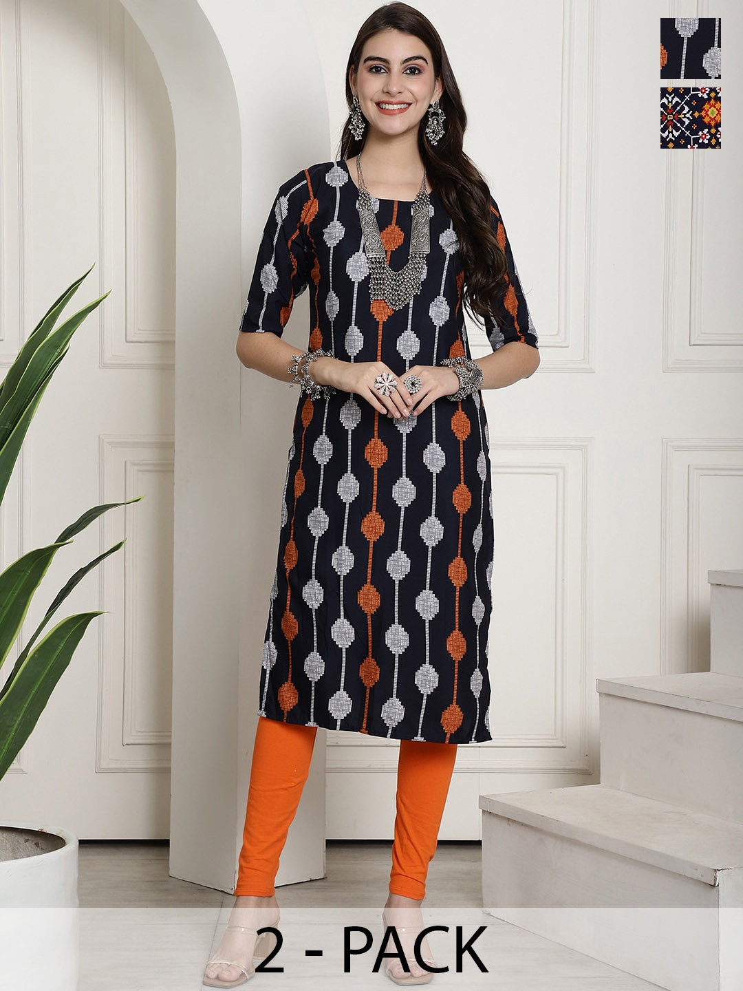 

7Threads Selection Of 2 Ethnic Motifs Printed Straight Kurta, Black