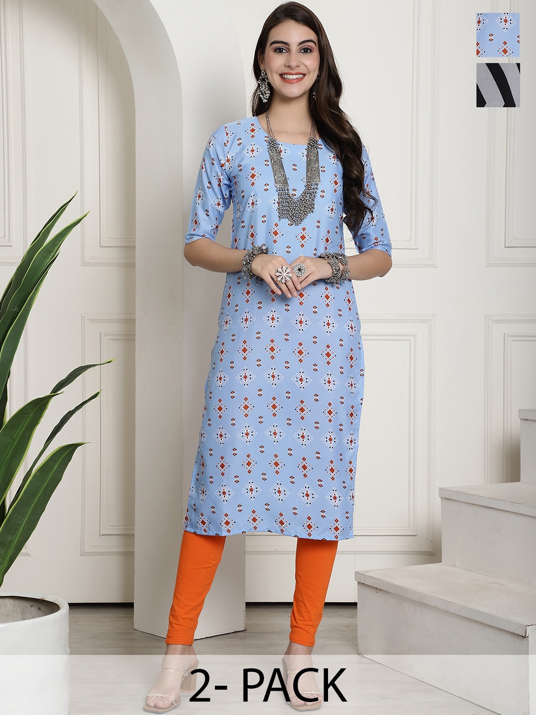 

7Threads Selection Of 2 Ethnic Motifs Printed Round Neck Straight Crepe Kurta, Blue