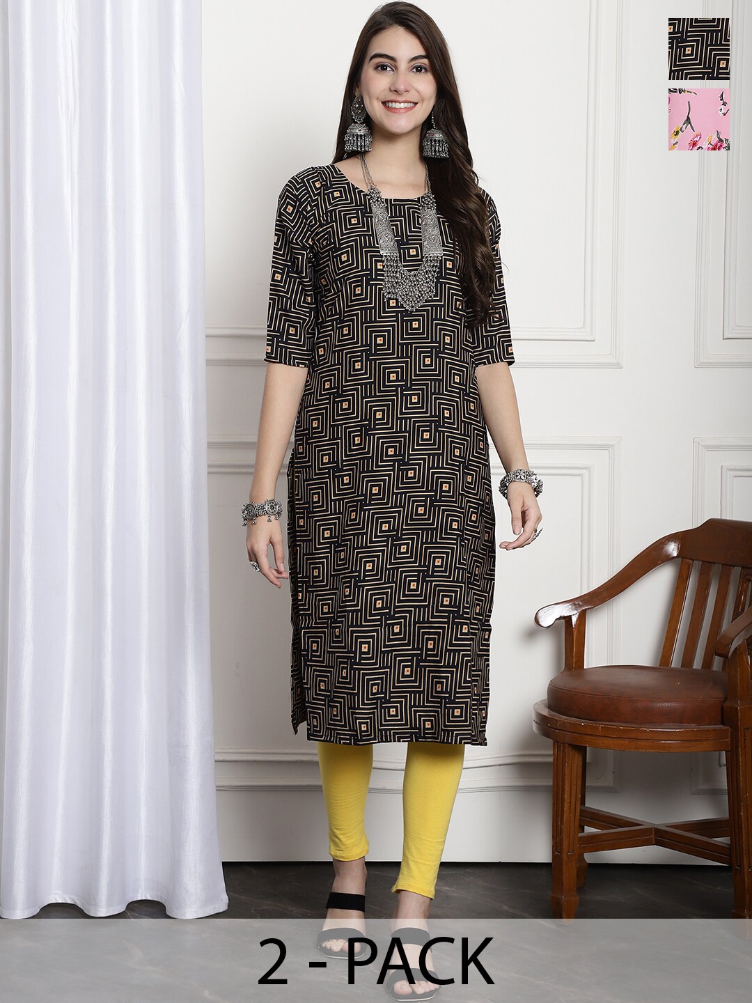 

7Threads Selection Of 2 Printed Round Neck Straight Kurtas, Black