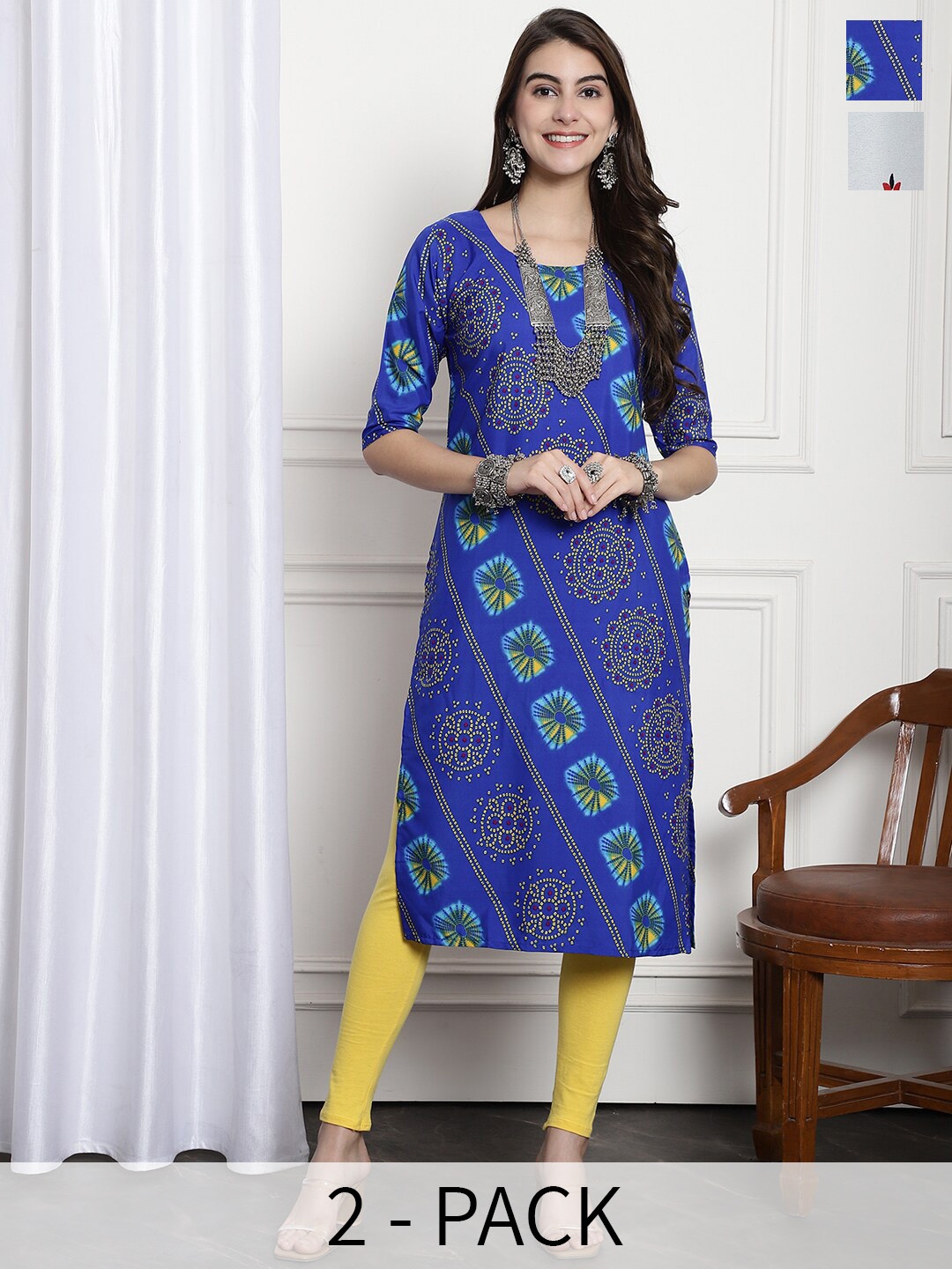 

7Threads Selection Of 2 Ethnic Motifs Printed Crepe Straight Kurta, Blue