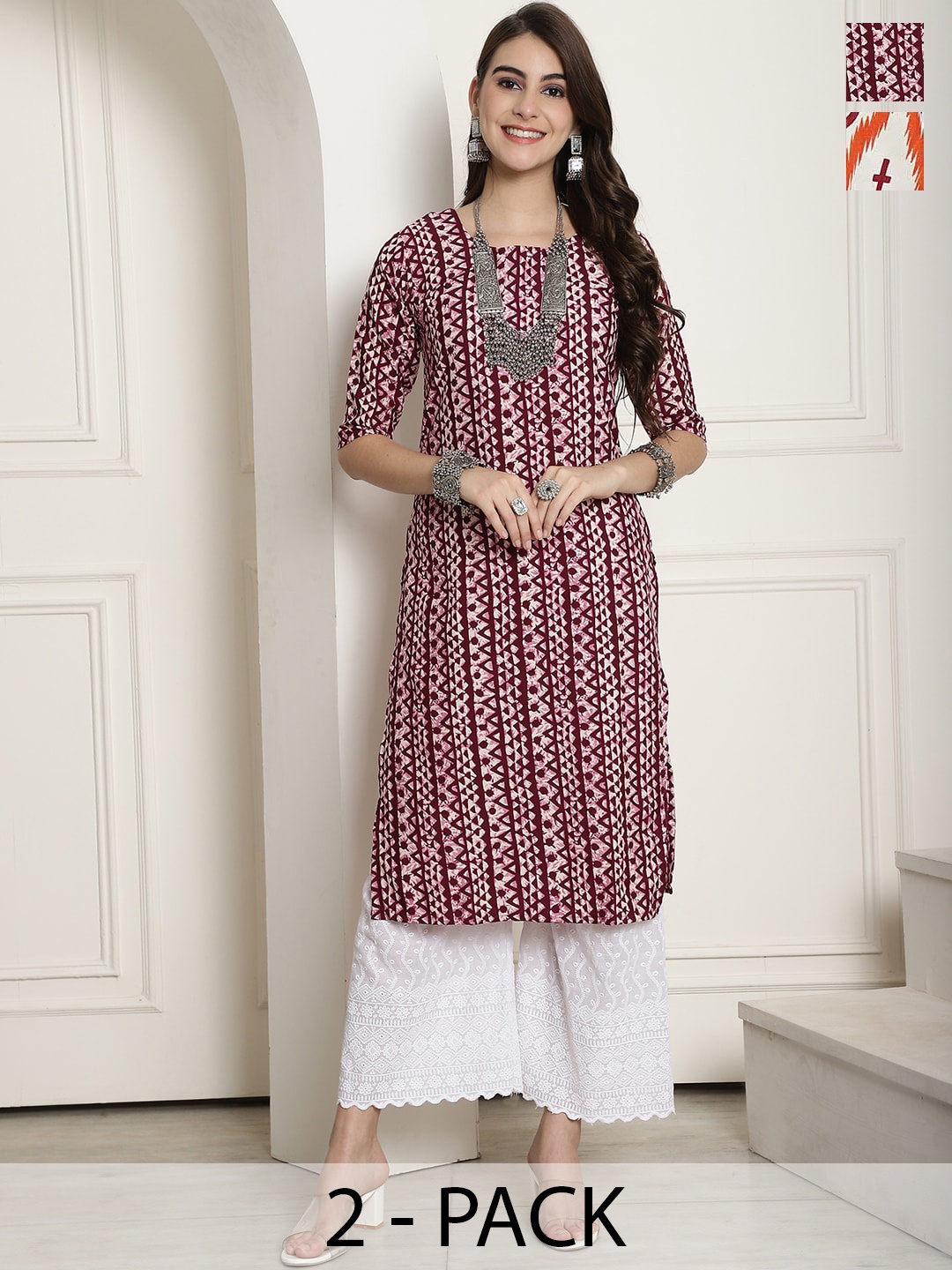 

7Threads Selection Of 2 Geometric Printed Straight Crepe Kurtas, Maroon