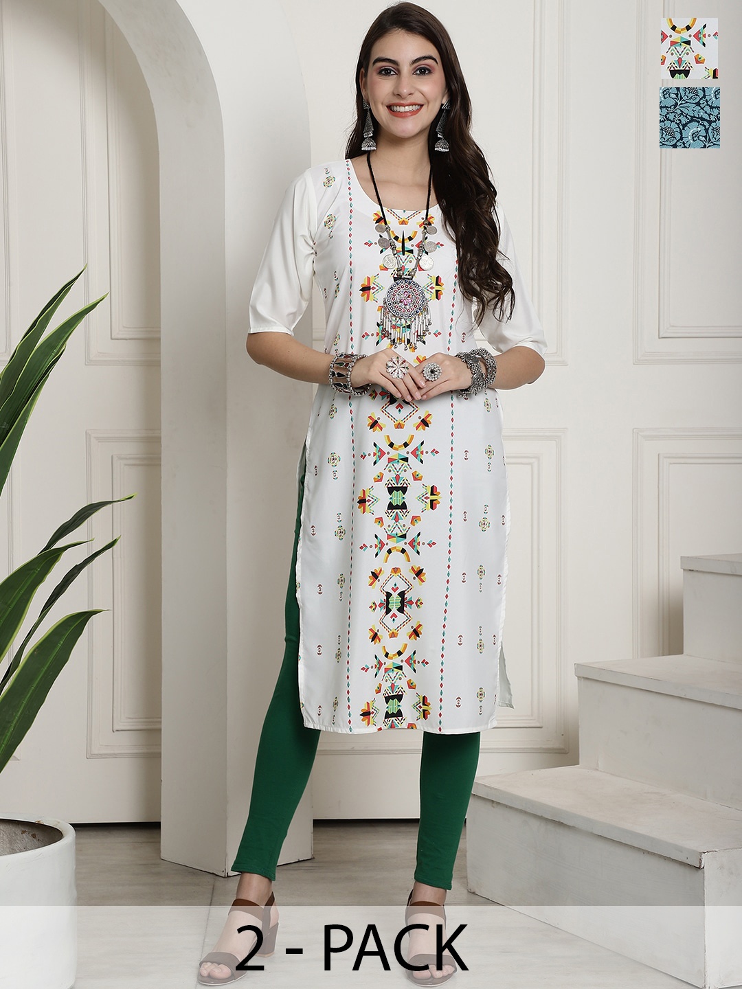 

7Threads Selection Of 2 Ethnic Motifs Printed Crepe Straight Kurta, White