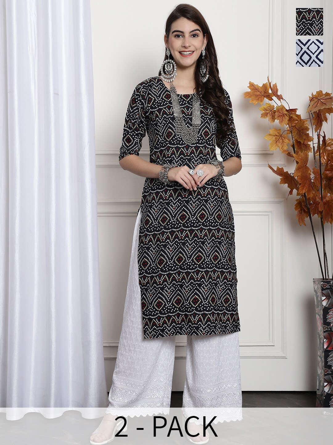 

7Threads Pack of 2 Ethnic Motifs Printed Summer Sheers Crepe Kurta, Multi