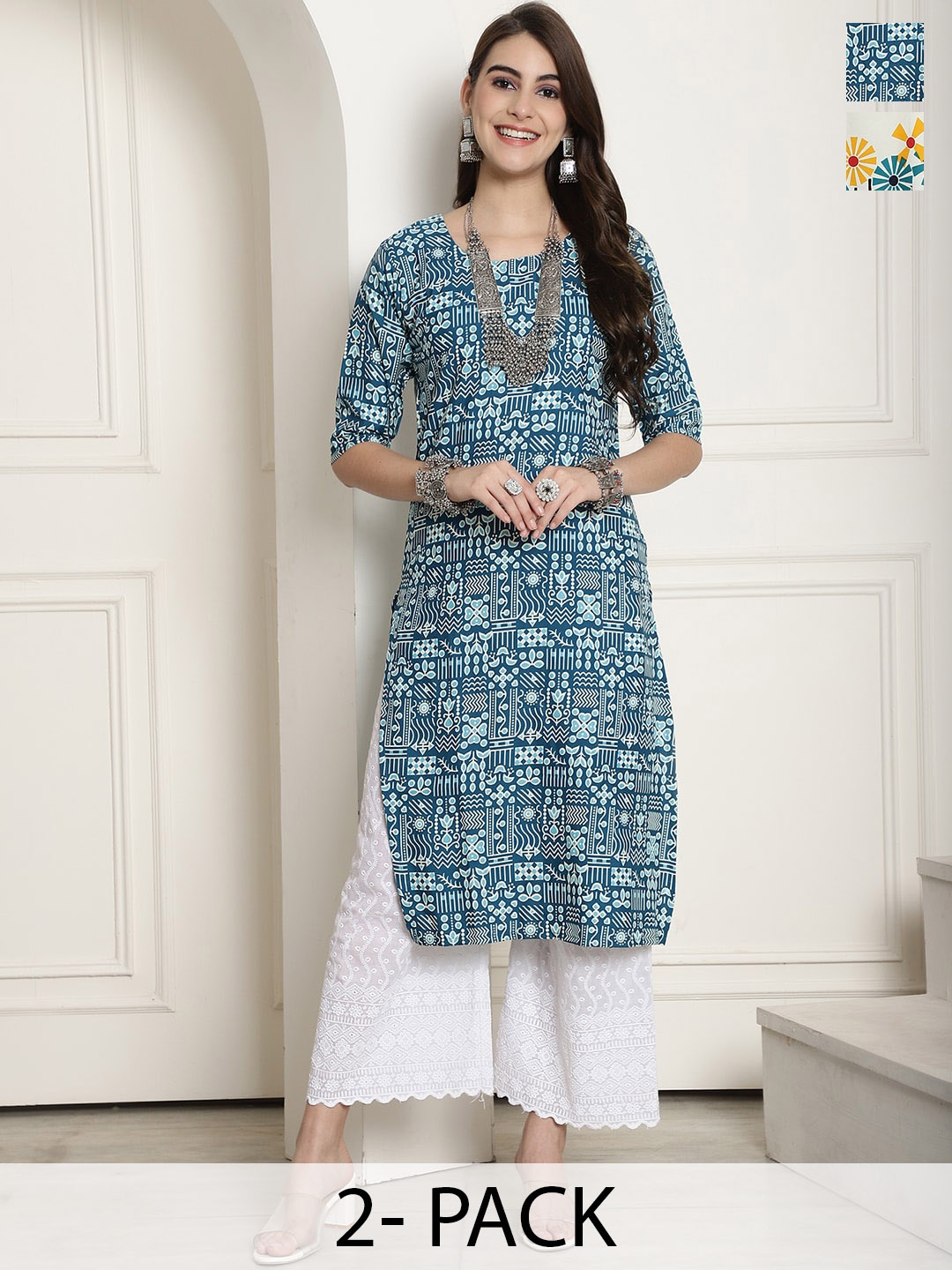 

7Threads Selection Of 2 Ethnic Motifs Printed Crepe Straight Kurta, Teal