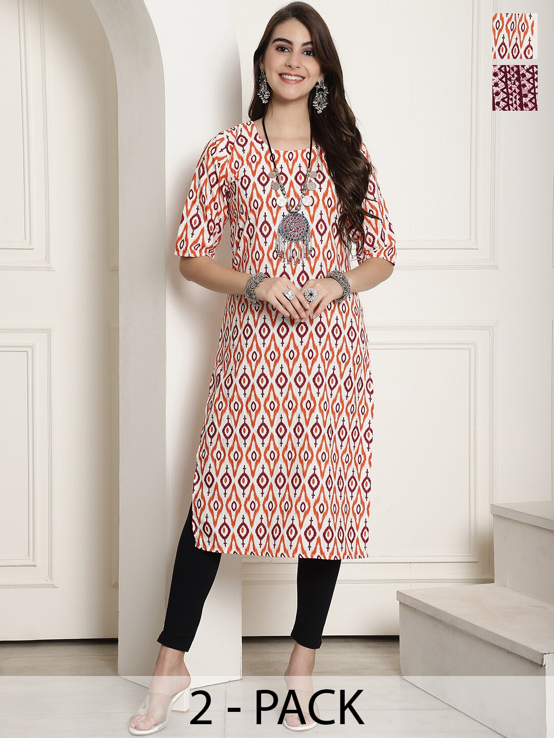 

7Threads Selection Of 2 Geometric Printed Straight Kurta, White