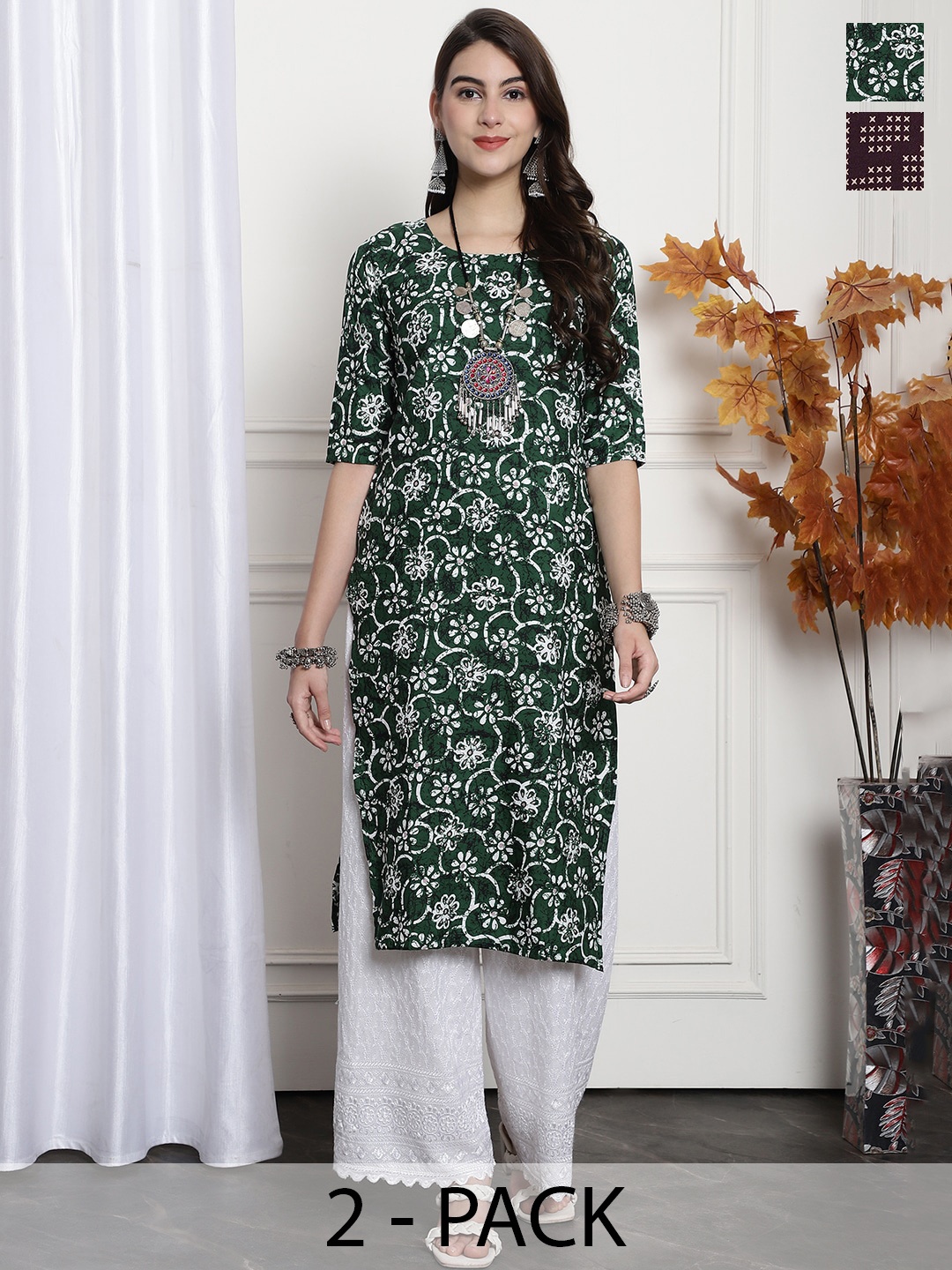 

7Threads Selection Of 2 Floral Printed Straight Kurtas, Green