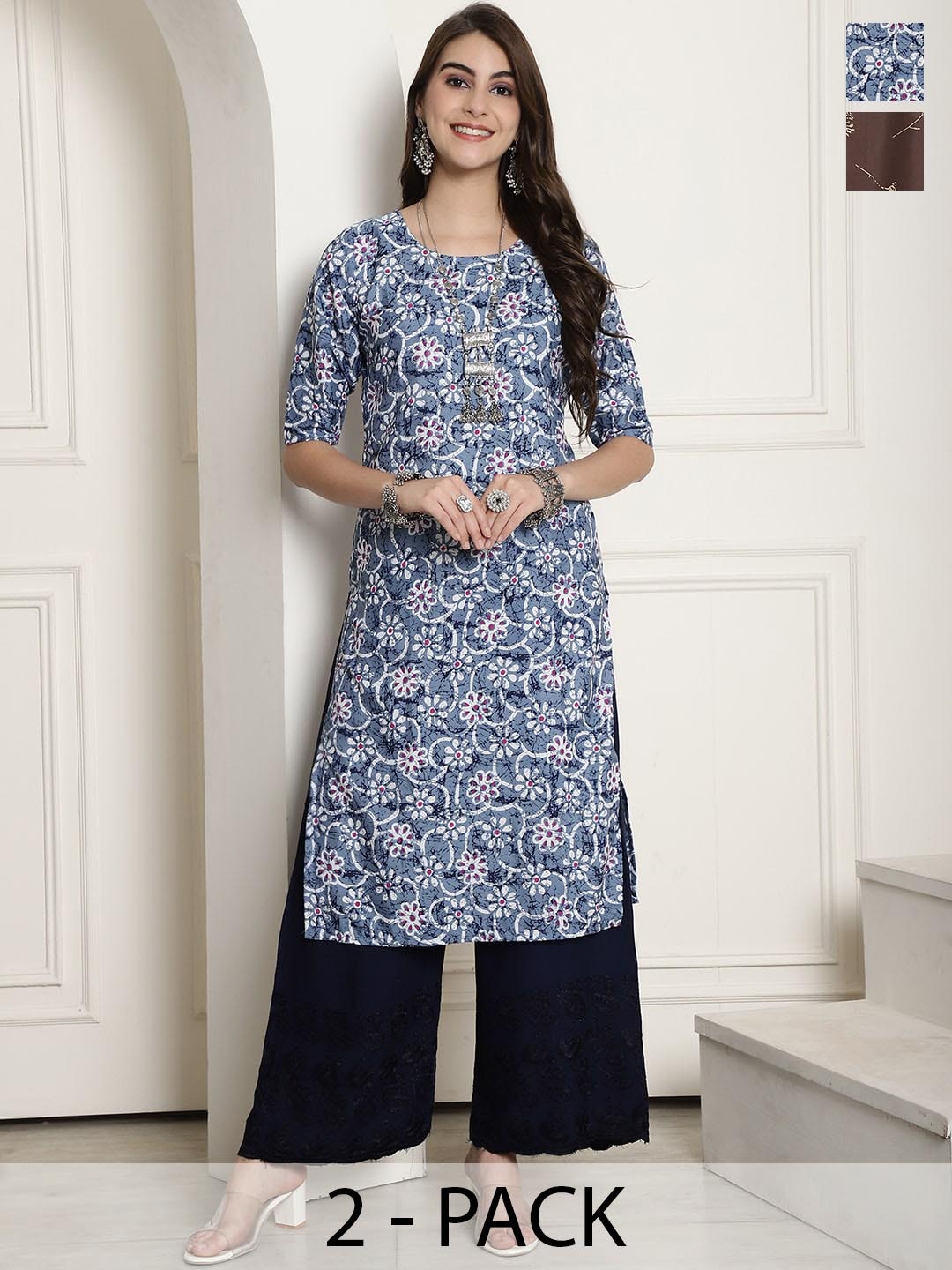 

7Threads Selection of 3 Floral Printed Straight Kurta, Blue