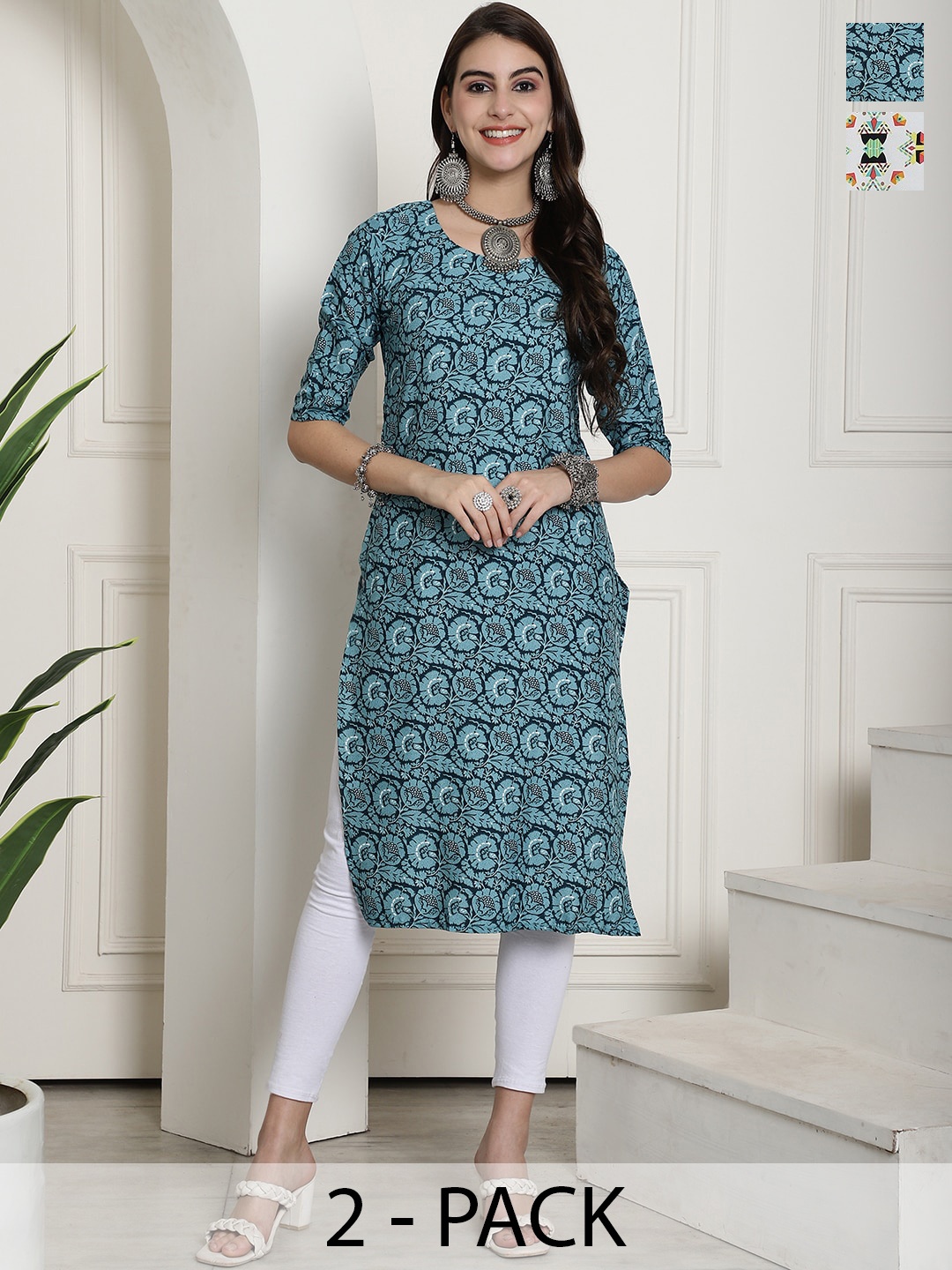 

7Threads Selection Of 2 Ethnic Motifs Printed Crepe Kurta, Green