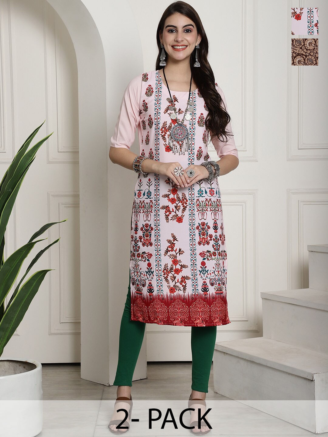 

7Threads Selection Of 2 Floral Printed Straight Kurta, Pink